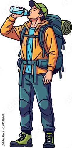 Active male hiker in yellow jacket drinking water from bottle while carrying heavy trekking gear