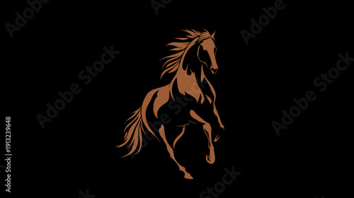 A rearing horse silhouette, rendered in brown against a stark black backdrop