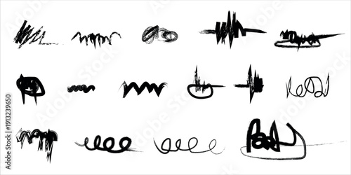 Collection of abstract black ink strokes on white background forming various shapes and patterns