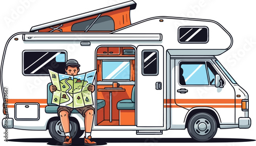 Adventurous traveler sitting inside camper van doorway studying paper map for next road trip destination