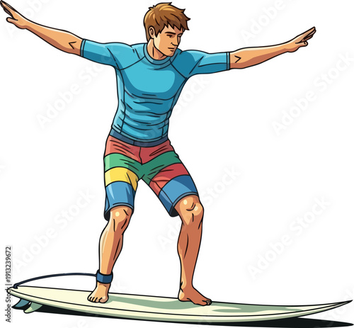 Agile male surfer in blue rash guard balancing perfectly on white surfboard over water