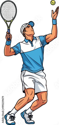 Athletic male tennis player in blue shirt tossing ball for powerful overhead serve action