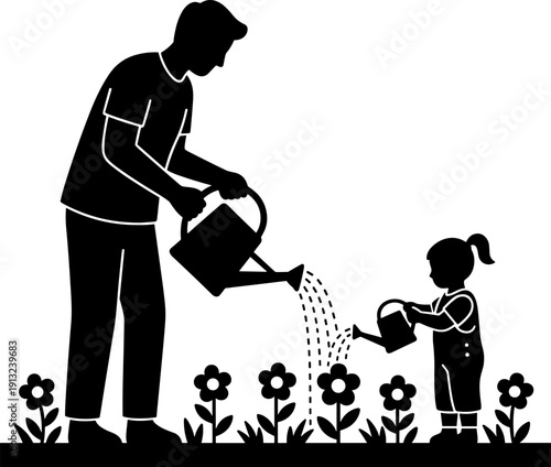Father's day Father and Daughter Gardening Silhouette Vector: Man and Child Watering Flowers in a Black Glyph Icon. Family Bonding, Outdoor Activity, Teaching Skills, Simple Solid Illustration