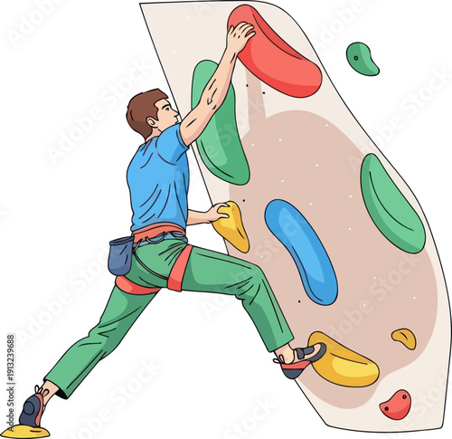 Athletic man practicing indoor rock climbing on colorful bouldering wall with safety harness gear