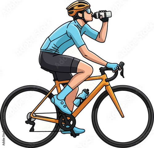 Athletic road cyclist drinking water from a bottle while riding a bicycle outdoors