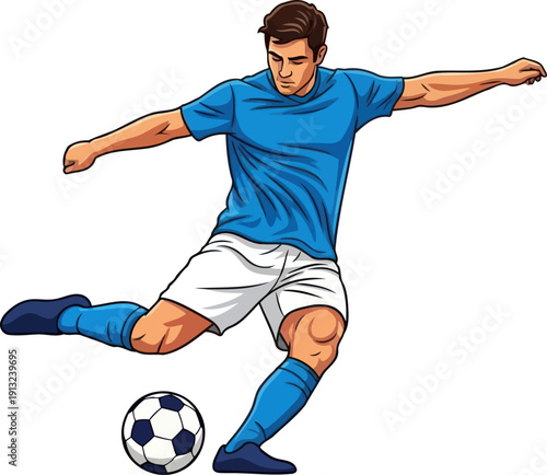 Athletic soccer player kicking ball with power wearing blue jersey and white shorts illustration