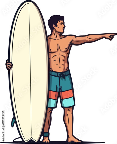 Athletic surfer standing with longboard on beach pointing at horizon during sunny summer day