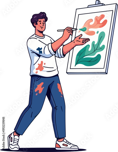 Creative male artist standing at an easel painting an abstract colorful botanical masterpiece