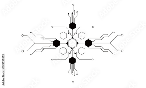 Symmetrical black and white digital circuit board design featuring hexagonal nodes and data pathways.