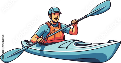 Cheerful kayaker paddling a blue boat while wearing a safety life vest