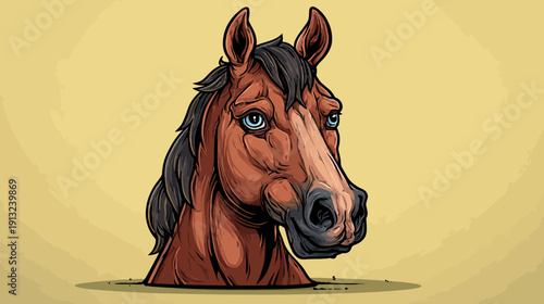 Digital illustration of a brown horse head emerging from ground with blue eyes, against a yellow backdrop