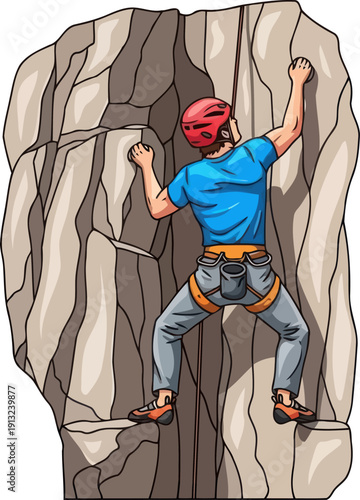 Determined rock climber in a red helmet ascending a steep cliff face during summer