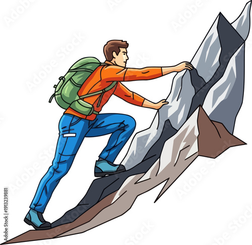 Determined male mountaineer with green backpack ascending steep snowy peak on white background illustration