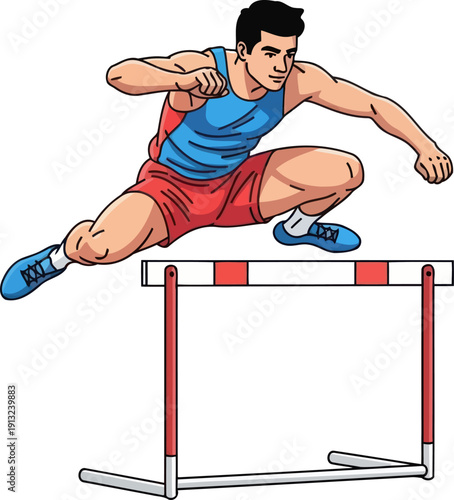 Determined track athlete jumping over a red and white hurdle with athletic power