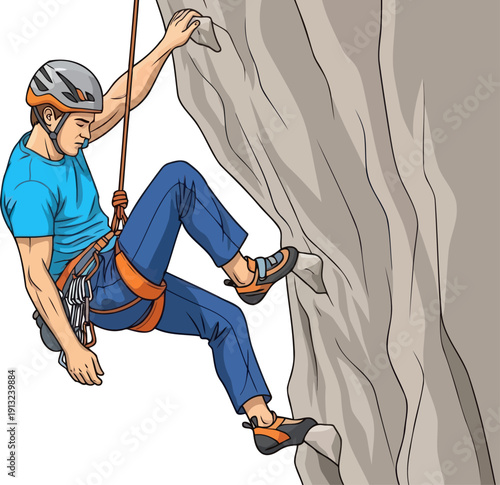 Determined rock climber ascending steep cliff face with professional safety gear and rope