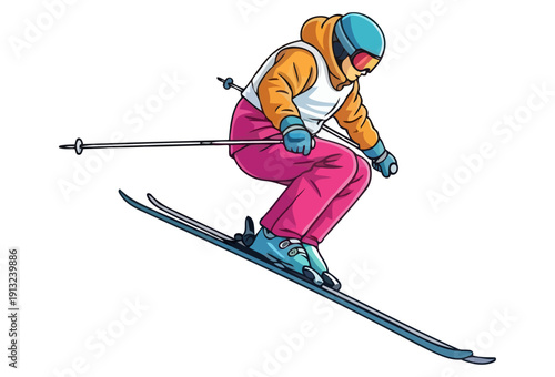 Dynamic downhill skier in pink pants and orange jacket performing high speed jump maneuver