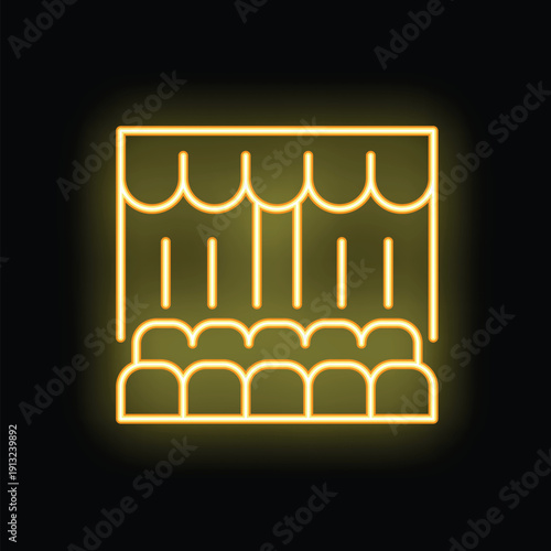 Minimalist vector illustration of glowing neon sign depicting empty theater auditorium with closed curtain and rows of seats