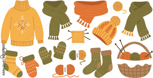 Autumn and Winter Knitted Clothing Collection with Sweater, Scarves, Hat, Mittens, Socks and Yarn Basket Cozy Seasonal Vector Set