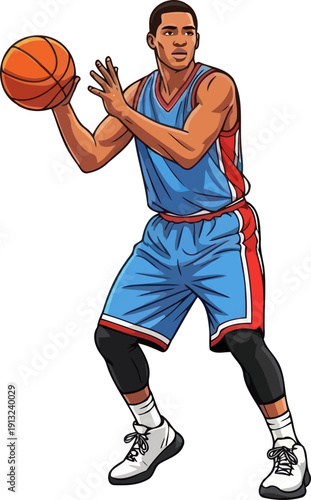 Focused basketball player in blue uniform holding ball firmly while scanning the court for teammates