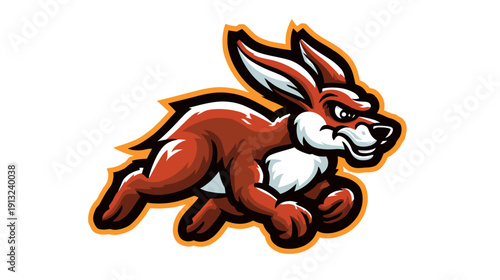 Cartoon-style illustration of a running, red creature with sharp teeth, white chest, and ears