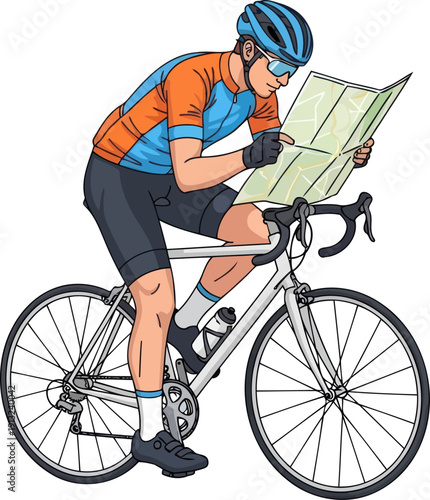 Focused male cyclist in bright jersey checking paper map while sitting on road bike