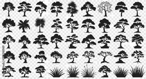Diverse collection of botanical tree and shrub silhouettes, offering a wide variety of stylized natural elements for design projects, representing growth and foliage