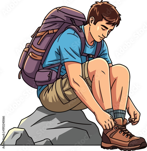 Focused male hiker sitting on rock tying shoelaces of brown leather hiking boots