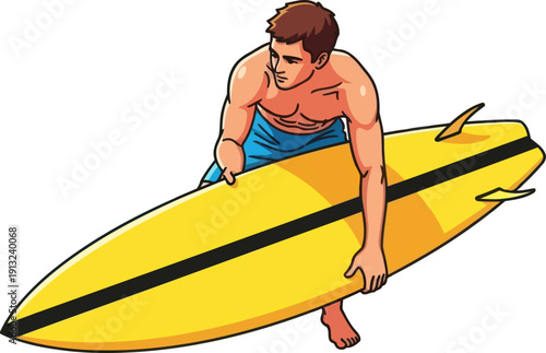 Focused male surfer in blue shorts carrying large yellow surfboard towards the ocean waves