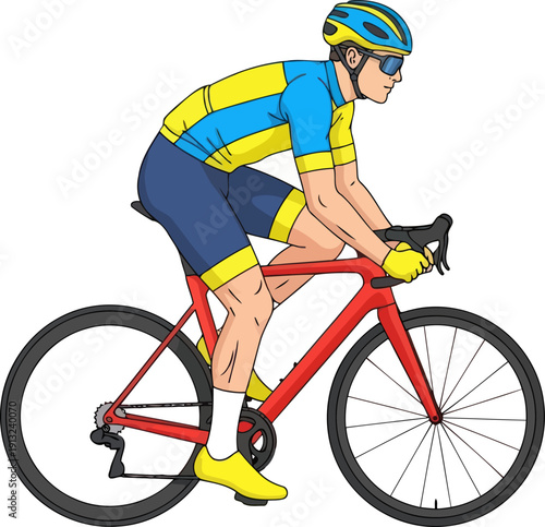 Focused road cyclist in blue and yellow jersey riding fast on sleek red bicycle
