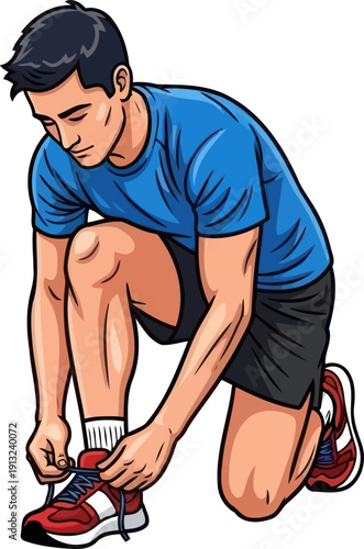 Focused runner kneeling to tie his shoelaces before starting a morning jog