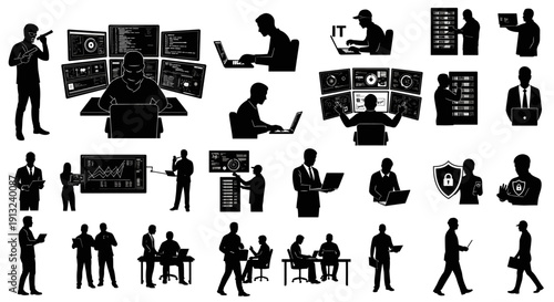 Collection of technology professionals working on coding, data management, cybersecurity, and IT support, illustrating modern digital transformation and secure system development