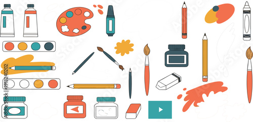 Creative Art Supplies Vector Illustration Set with Paint Tubes, Brushes, Pencils, Palette, Ink Bottles, and Drawing Tools for Design Projects