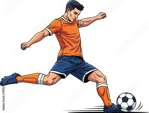 Powerful soccer player in orange shirt kicking ball with great force on white background