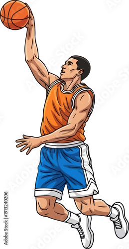 Powerful basketball player jumping high for layup shot wearing orange jersey and blue shorts
