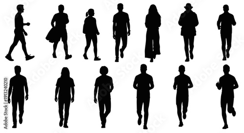 Diverse collection of human silhouettes, featuring various walking, running, and standing poses. A versatile graphic asset showcasing both male and female figures for design projects