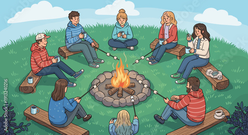 A diverse group of friends gathered around a warm campfire roasting marshmallows on a beautiful summer evening, enjoying each other's company and the great outdoors