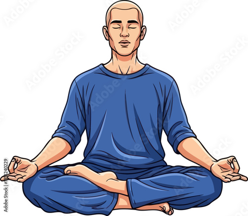 Peaceful man sitting in a lotus position meditating for mindfulness and inner calm