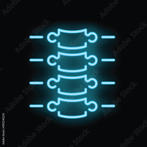 Bright blue neon sign is glowing in the dark, representing the human spine and vertebrae