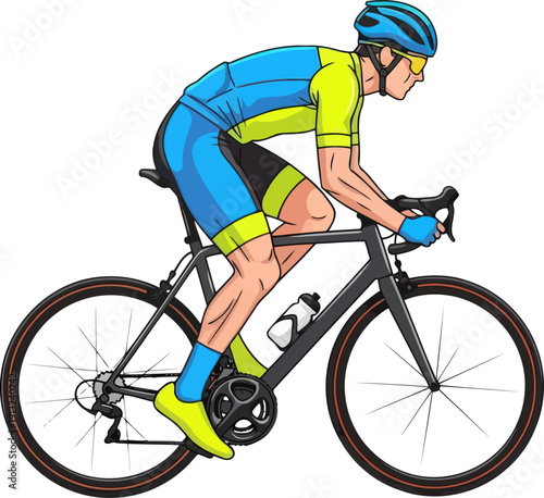 Professional cyclist in yellow and blue jersey riding fast in aerodynamic tuck on road