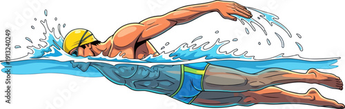 Powerful swimmer performing freestyle stroke with yellow cap in deep blue competitive swimming pool
