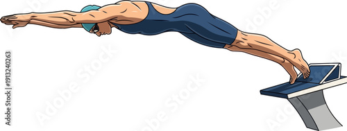 Professional male swimmer in blue swimsuit diving off starting block into pool with perfect form