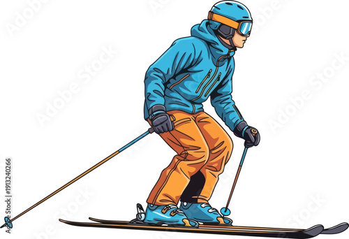 Professional skier in blue and orange gear carving down a snowy mountain slope