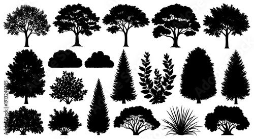 Extensive collection of diverse tree and plant silhouettes, perfect for landscape design, architectural renderings, and nature-themed graphic projects, offering a wide array of botanical forms