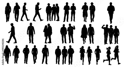 Dynamic collection of black silhouette vector illustrations depicting diverse human activity, showing individuals and groups walking, standing, and running