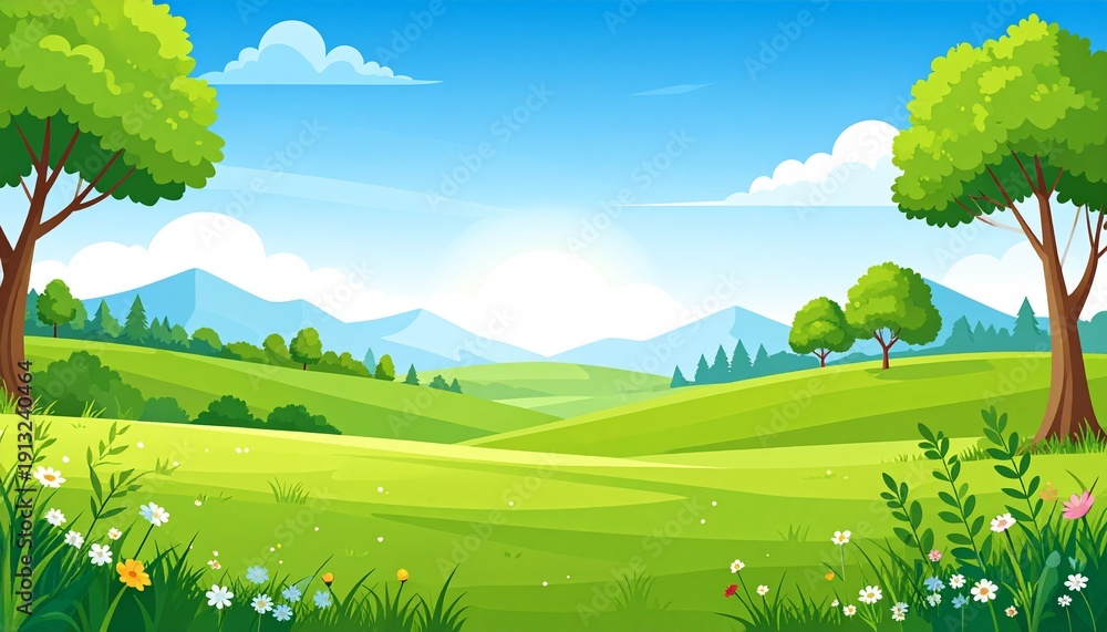 Obraz premium Lush green meadow with tall trees under bright blue sky summer landscape nature scenery