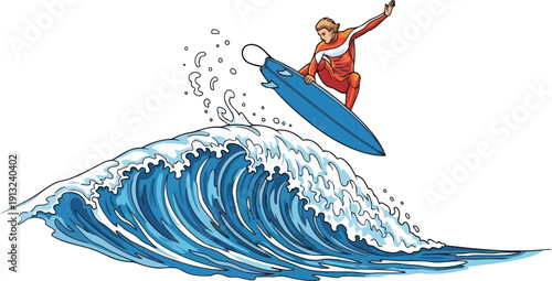 Skillful surfer riding a massive blue ocean wave on a bright summer day