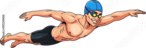 Strong male swimmer in black trunks performing explosive butterfly stroke with arms spread wide