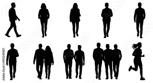 Dynamic vector collection of human silhouettes, featuring diverse individuals and groups in various poses and movements, ideal for graphic design, architectural renderings, and urban planning