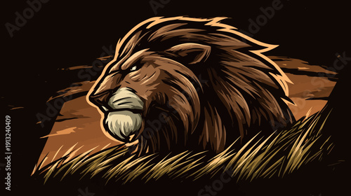 A regal lion, rendered in a bold, illustrative style, with detailed mane and piercing gaze, standing in grass