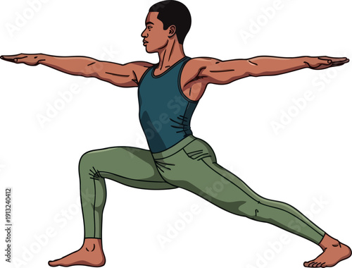 Strong man practicing the warrior ii yoga pose for balance and concentration